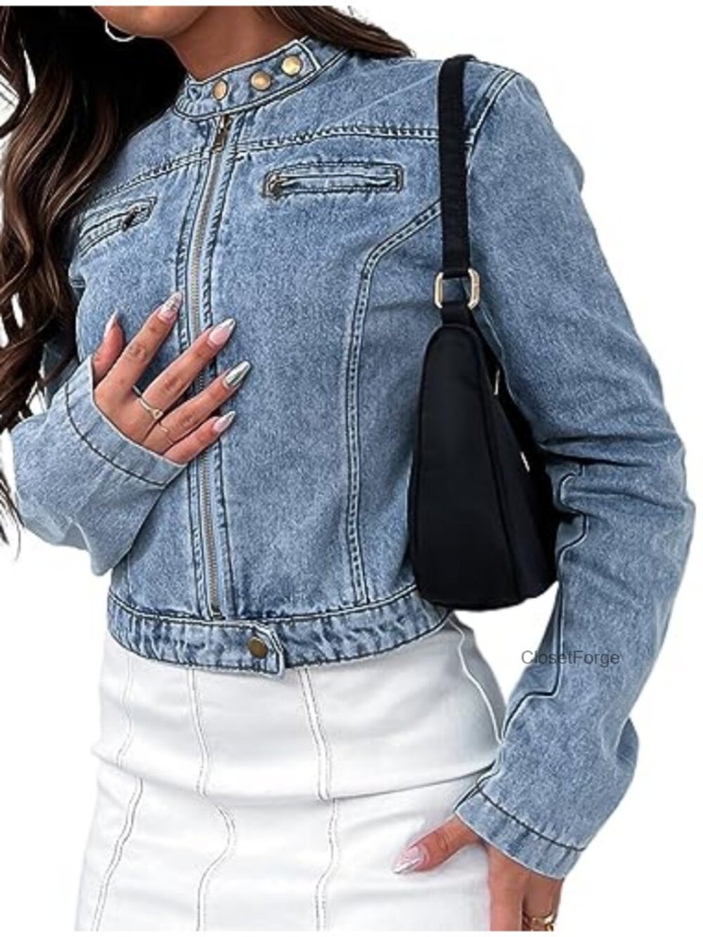 Cropped Denim Jacket Motorcycle Style Zip Front Button Closure Stretchy